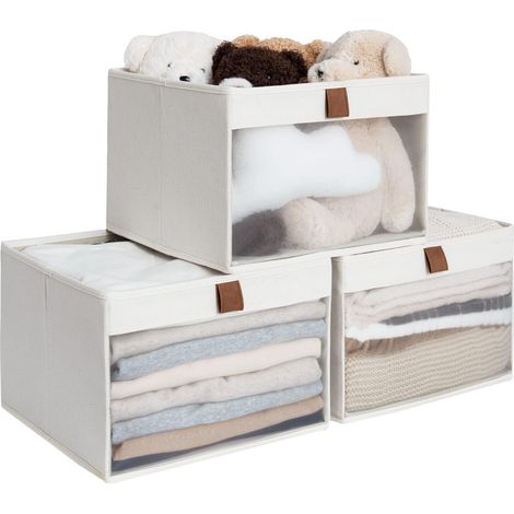 Lot de 3 bacs de rangement de placard avec fenêtre transparente et 2 poignées, bacs à vêtements pliables pour étagères, grand organisateur en tissu, beige (1/5)