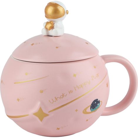 Astronautenbecher 400 ml mit Löffel und Deckel – Ergonomische rosa Keramiktasse für Kaffee, Tee und Milch (1/5)