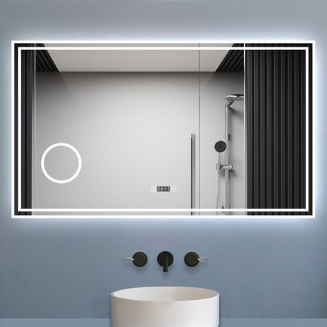 OCEAN Specchio da bagno rettangolare con LED,120x70cm,orologio,Disappannamento,Estetica Elegante (1/5)