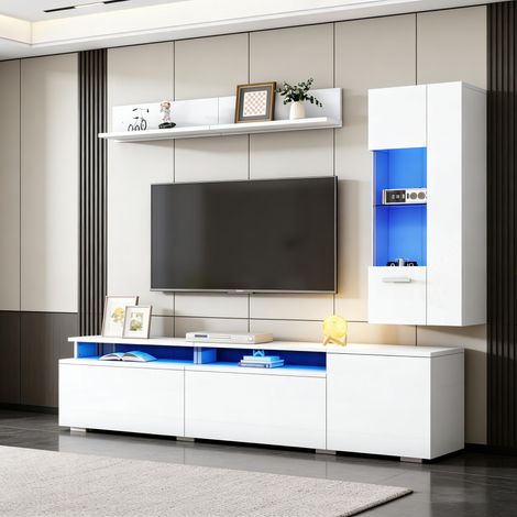 Ensemble meuble TV LED 3 pièces, banc TV 180 cm, vitrine LED et étagère murale, 4 portes, TV jusqu’à 80 pouces, MDF et verre, blanc brillant (1/5)