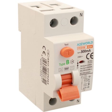 RCCB Interruttore Differenziale Puro Tipo B 1P+N 2M 10000A 300mA AC 230V IP20 IEC61008-1 / IEC62423 PR8HM, Corrente Disponibili 25A 40A 63A 100A (63A)