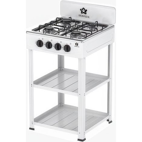 Cucina a Gas 4 Fuochi 49 x 49 cm Bianca in Metallo con 2 Ripiani in Acciaio e Vano Portabombola Staylux