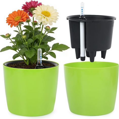 Pot de Fleur Auto-Arrosant 18 cm - Cache Pot Plante Intérieur et Extérieur en Plastique Robuste - Jardinière Respirante pour Pothos, Herbes et Orchidées - Design Anti-Corrosion (Vert) (1/5)