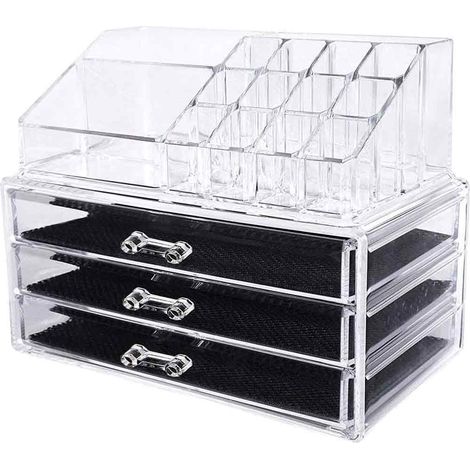 Organizer per trucchi e pennelli scatola trasparente con cassetti e scomparti organizzatore per cosmetici espositore 3 cassetti (1/5)