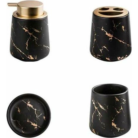 Ensemble de 4 accessoires de salle de bain en céramique marbrée - Distributeur de savon, porte-brosse à dents, gobelet, porte-savon - Noir mat,12.58.5cm (1/4)