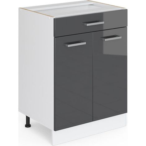 Meuble bas universel R-Line, Anthracite Haute brillance, 60 cm avec tiroirs, sans plan de travail,