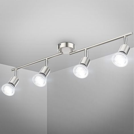Plafonnier 4 spots pivotants & orientables, inclus 4 ampoules LED 5W GU10, barre spots plafond salon salle à manger cuisine couloir, lumière blanche neutre