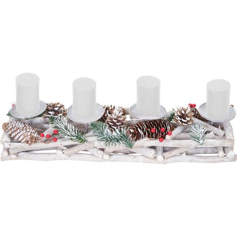 Corona de Adviento alargada, decoración navideña Arreglo de Adviento, madera 11x15x50cm blanco-gris, con velas, blanco