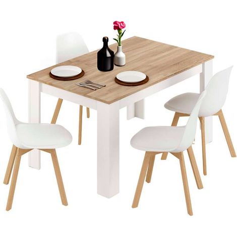 Conjunto Mesa y 4 sillas estilo Nórdico en Blanco mate y Roble Canadian