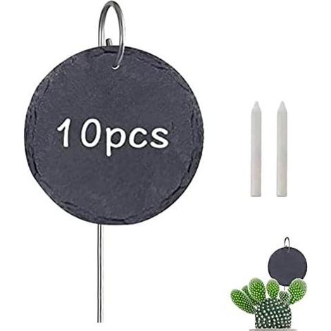 Set mit 10 cm runden Schiefer-Pflanzenetiketten für Gemüsegarten, Setzlinge, Freilandpflanzung, wiederverwendbar mit Edelstahlstäben und 1 Stück Kreide für Hof, Außenbereich, Gewächshaus - (1/5)