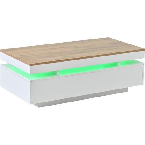 Table basse 100 × 50 × 35 cm avec 2 tiroirs – Table d'appoint LED brillante – Table à thé – Table pour canapé – Table de salon – Table basse – Blanc + ton bois