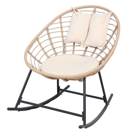 Garden Friend POLTRONA A DONDOLO TAHITI struttura in acciaio nero, seduta in polyrattan naturale, cuscino e poggiatesta beige (1/4)