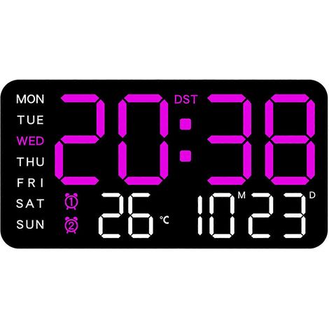 Horloge murale numérique sans cadre, alimentée par USB, à commande vocale, grand écran, double alarme, adaptée à une décoration moderne pour la maison ou le bureau, éclairage noir et violet. (1/5)