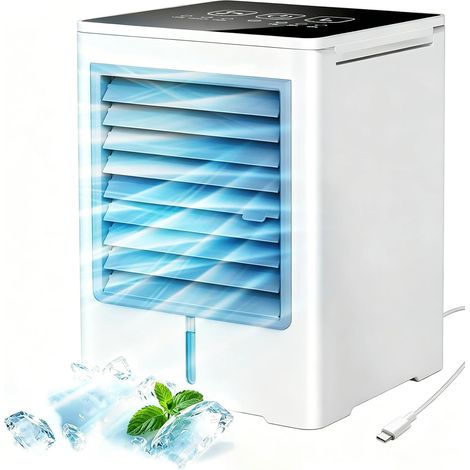 Climatiseur Mobile, 3 en 1 USB Rafraichisseur D’air Silencieux Ventilateur à Eau 470ML, 3 Vitesses, Minuterie, Écran Tactile, Rafraîchisseur D’air sans Évacuation Pour Usage Personnel, Chambre, Bureau (1/5)