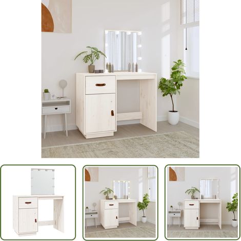 The Living Store Coiffeuse avec LED Blanc 95x50x133,5 cm Bois de pin massif - Coiffeuse - Meuble De Salle De Bain - Vanity - Miroir - Éclairage Led (1/5)