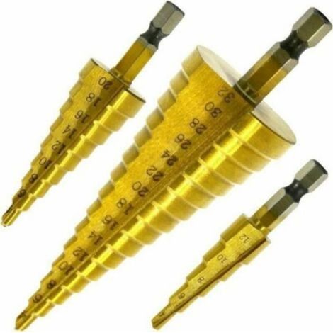 Set de 3 fraises étagées titane 4‑12/20/32 mm, tige hexagonale, pour perçage acier/inox/laiton/bois/plastique (1/4)
