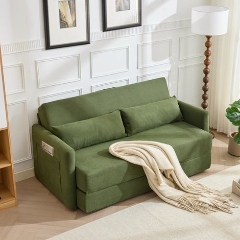 Canapé convertible 2 places - 165x92x82 cm - Banquette-lit 2-en-1 avec coussins et poches - en velours côtelé Vert (1/5)