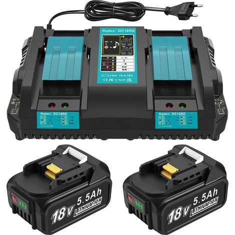 Chargeur 18 V + 2 Batteries de Rechange 5,5 Ah Compatibles avec Batterie et Chargeur, Batteries de Rechange 18 V BL1860B, BL1850B, BL1860, BL1850, BL1840 (1/5)