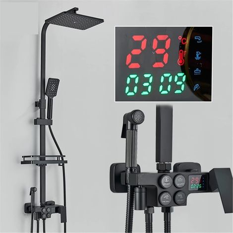 Ensemble de douche mitigeur thermostatique intelligent Robinet de douche thermostatique LCD noir ensemble affichage de la température robinet de baignoire pluie avec étagère de salle de bain électrici (1/5)
