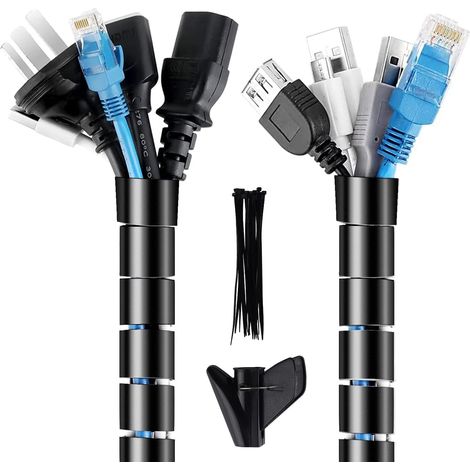 Gaine de Câble Flexible Ø22 MM - 5M, Système de Gestion Rangements des Câbles Informatique avec 20pcs Zip Ties, 1 Clip de Guide-Câble, Cache Fil Electrique Cable Sleeves pour TV, PC, Bureau - Noir (1/5)
