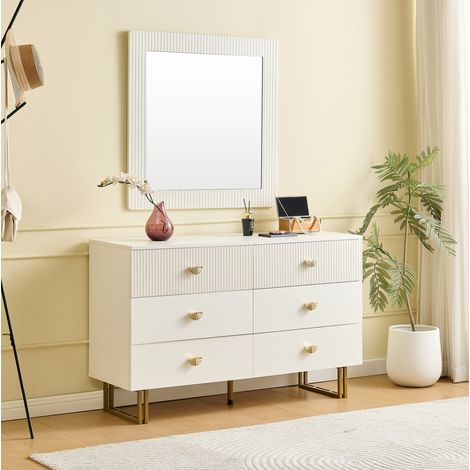 Set de aparador con espejo 120x40x75 cm + 80x80 cm blanco MDF con 6 cajones y detalles dorados (1/5)