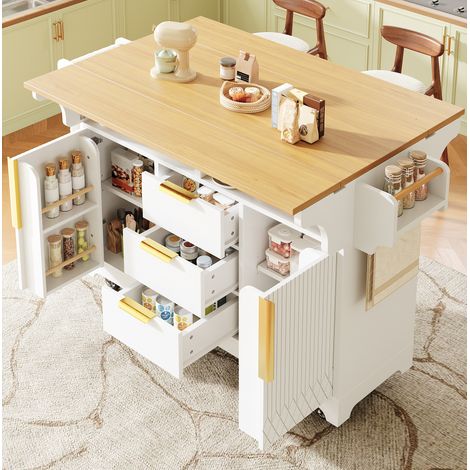 Isola cucina su ruote 120-197x40/80x95 cm con piani ribaltabili, 3 cassetti e vano contenitore, MDF - bianco (1/5)