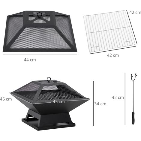 Lot de brasero de jardin avec grille de cuisson et pare-étincelles, acier noir 45x45x34cm, pique-feu inclus pour soirées conviviales en extérieur (1/5)