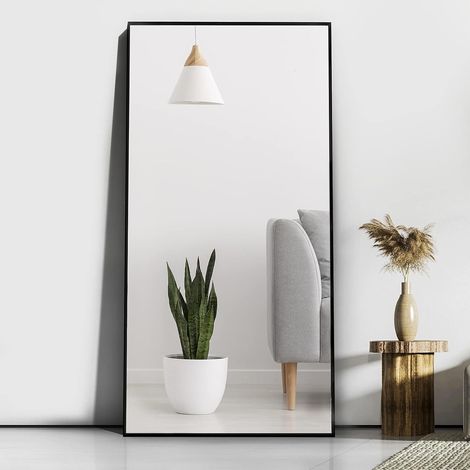 Miroir sur pied, 165 x 60 cm, grand miroir de sol avec cadre fin, à suspendre ou à poser contre le mur, pour chambre à coucher, noir (1/5)