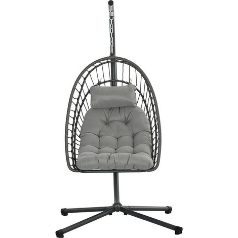 POLTRONA SOSPESA IN RATTAN PE CON CUSCINO. SEDUTA PIEGHEVOLE E STRUTTURA IN ACCIAIO. GRIGIO (1/5)