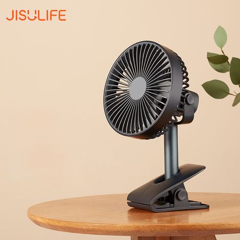 Ventilateur à pince JISULIFE, ventilation à 360°, 4 vitesses, faible niveau sonore, interface USB-C, batterie rechargeable 4000 mAh, sans fil, pour la maison et l'extérieur. (1/5)