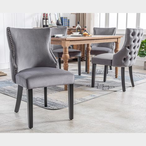 Sedia a 4 gambe, sedia da pranzo in velluto grigio, con trapuntatura a bottoni, struttura in legno massello, grigio, (set, 4 pezzi) (1/5)