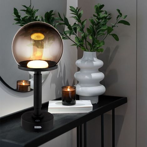 Lampada da tavolo fungo nero fumé lampada da tavolo touch dimmer ricaricabile lampada laterale fungo, USB-C, LED 1W 18Lm bianco caldo, DxH 15x31,5 cm