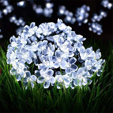 Solar String Lights Outdoor, 50 LEDs 7M Solar Sakura Lights, 8 Modes Flower Fairy Lamp Color Changing Decorative Waterproof for Garden Trees Parties Wedding Christmas(White) (1/5)