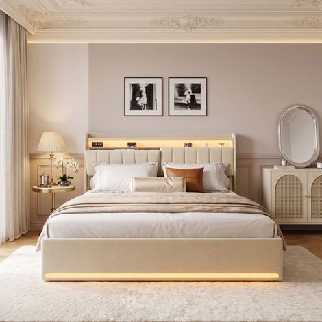Lit coffre - 140x190 velours beige - sommier à lattes - tête de lit USB et LED - coffre de rangement (1/5)