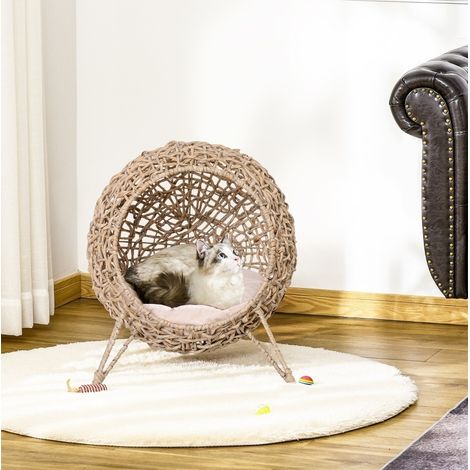Katzenbett aus braunem PE-Rattan auf Metallgestell, Velourskissen, erhöhte Füße (1/5)
