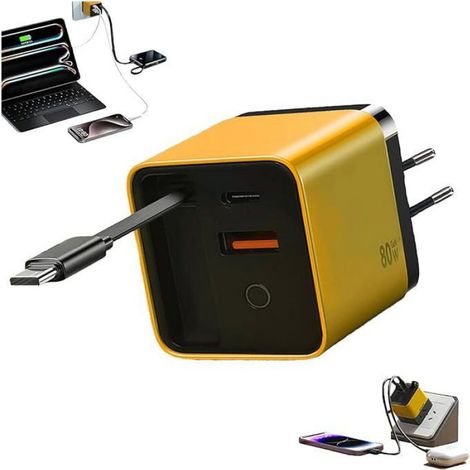 Chargeur Mural Rétractable - 80 W - USB-C Intégré 60 cm - 3 Ports - Pour Ordinateur Portable Smartphone Tablette - 1 Pièce (1/5)