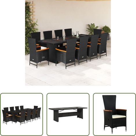 Gartentisch - 11-tlg. Garten-Essgruppe mit Kissen Schwarz Poly Rattan (1/5)