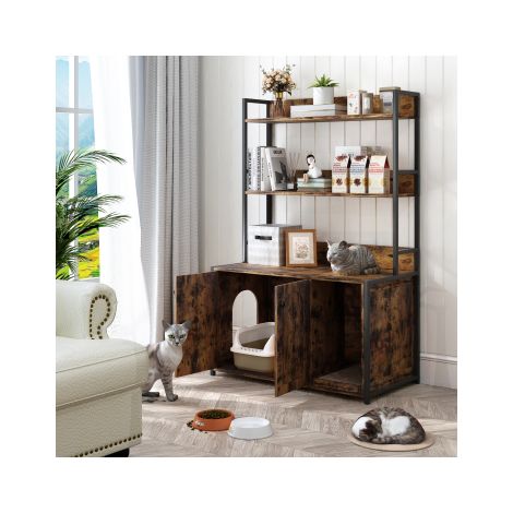Grand bac à litière pour chat avec étagère de rangement, meuble de toilette dissimulé pour chat, maison pour chat en bois avec griffoir, meuble robuste pour animaux de compagnie à 2 portes pour contrô
