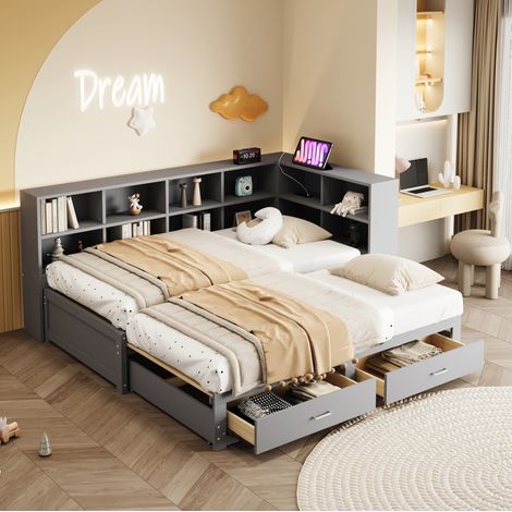 Cama nido individual con almacenamiento y enchufe gris OKMYHOME (1/5)
