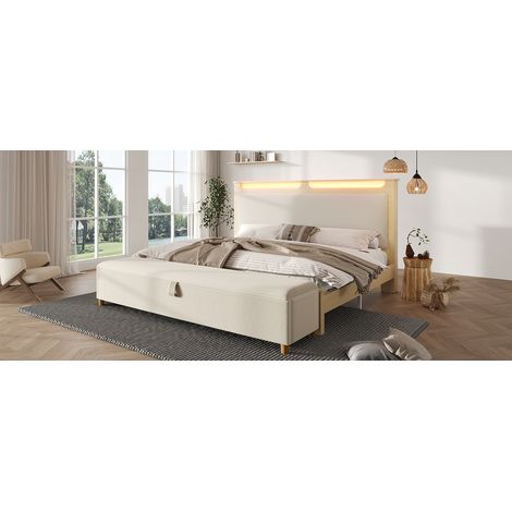 Lit double 180x200 cm chêne et beige avec tête de lit LED et rangement, banquette coffre en velours côtelé pour chambre et suite (1/5)