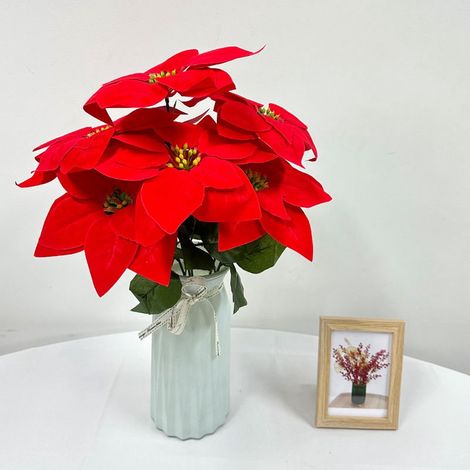 Poinsettia Artificielle - Bouquet de 5 Têtes - Hauteur 45 cm - Pour Décoration Intérieure Extérieure Noël - Rouge (1/5)