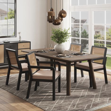 Lot de 4 chaises de salle à manger velours, dossier rotin, pieds bois hévéa, ergonomiques, chaises de maquillage luxe