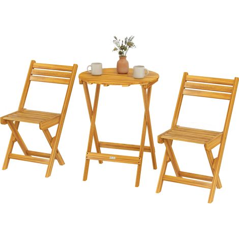 Table Bistrot Pliable Acacia 3 Pièces Table Ronde 60cm + 2 Chaises, Sans Montage, 60x60x75cm