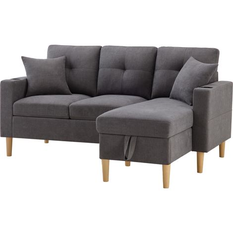 Sofá esquinero en L de 3 plazas con chaise longue, almacenaje y portavasos, gris oscuro (1/5)