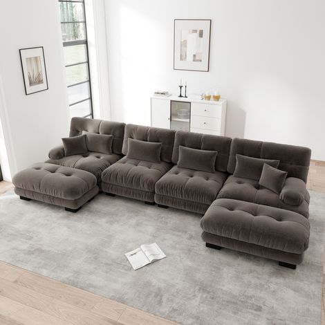 Sofá esquinero modular de chenilla marrón de 4 plazas con otomana móvil HAVRYA (1/5)