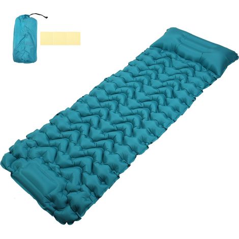 Tapis de camping gonflable bleu ergonomique avec pompe à pied, matelas imperméable pour extérieur avec oreiller intégré (1/5)
