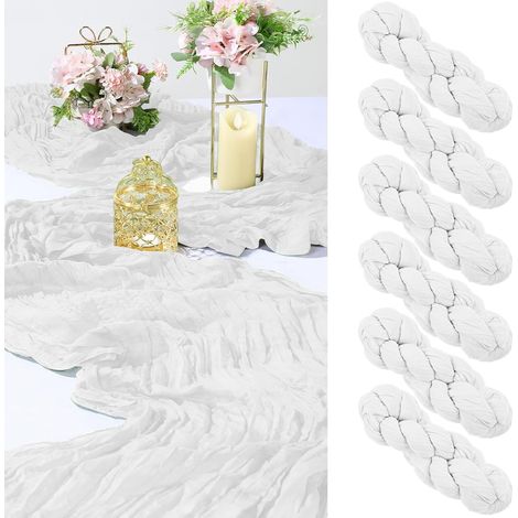 Lot de 6 chemins de table blancs 90x300cm, gaze boho pour mariage, arche et fête. (1/5)