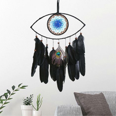 Attrape-rêves œil maléfique en plumes bleues, attrape-rêves œil du diable, décorations murales en plumes de paon pour chambre ou salon (1/5)