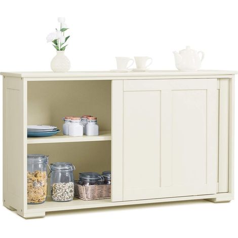 Goplus – Buffet bas de cuisine avec 2 étagères – Tablette réglable – Portes coulissantes silencieuses – Meuble de rangement en MDF – 106,5 x 33 x 60 cm – Beige (1/5)