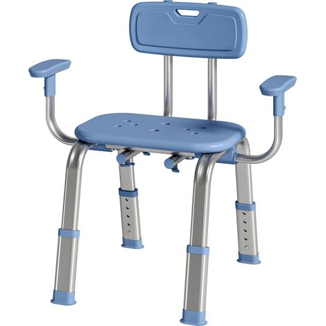 Ergonomischer blauer Duschhocker mit verstellbaren Armlehnen, Rückenlehne, Höhe und Sitzfläche